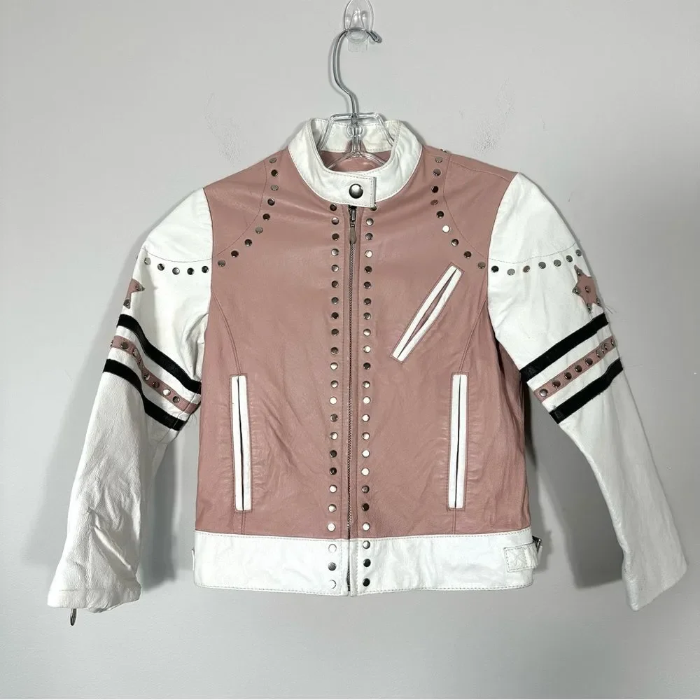 Rare Wilsons Leather Kids Studded LeatherJacket Size M Pink With Star Y2K Style
